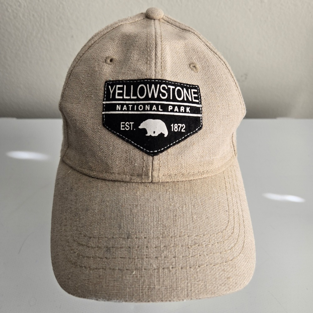 Yellowstone National Park Beige Cap Hat Bear Logo Adjustable Linen Blend